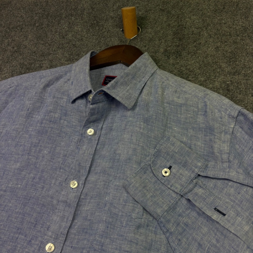 UNTUCKit Button Down Mens Large Blue 100% Linen Relaxed Fit Wrinkle Resistant